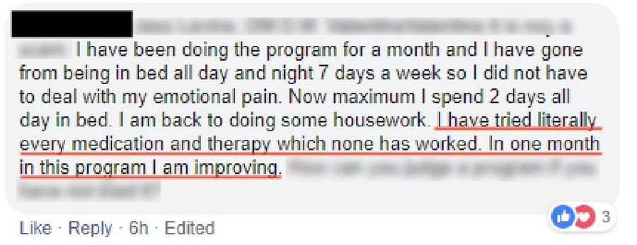 A member: I have tried literally every medication and therapy which none has worked. In one month in this program I am improving.